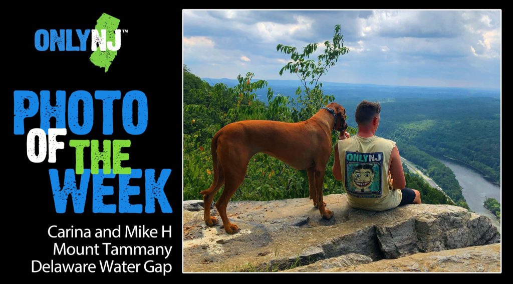 Photo of Carina and Mike H wearing their Only NJ Tillie T-shirt looking over the Delaware Water Gap.